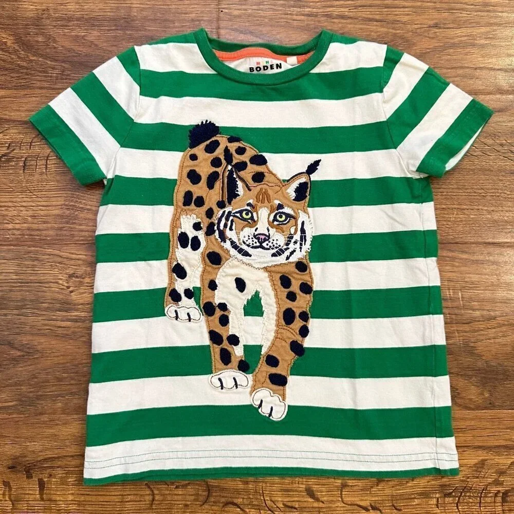 Mini Boden striped lynx cat appliqué T-shirt S